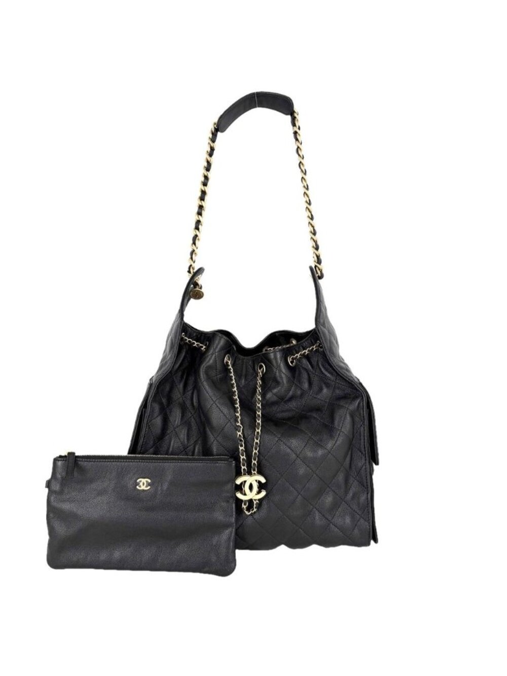 Chanel Handbag Quilted 25 Shoulder Bag CC Logo Caviar Leather Black Gold Vintage
